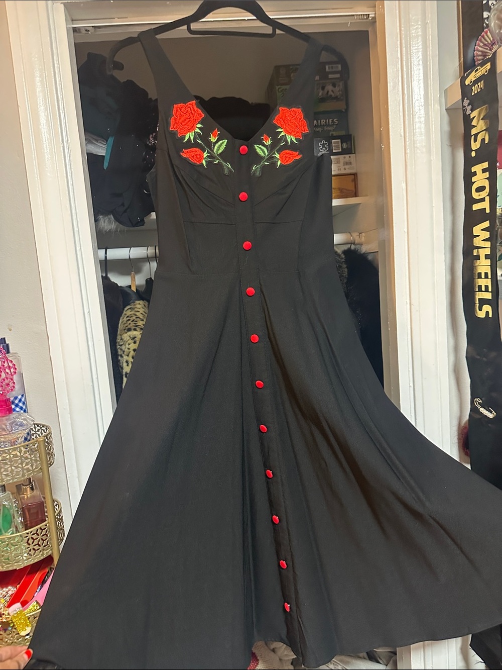 Black pinup rockabilly Dress with Red Rose Embroidery